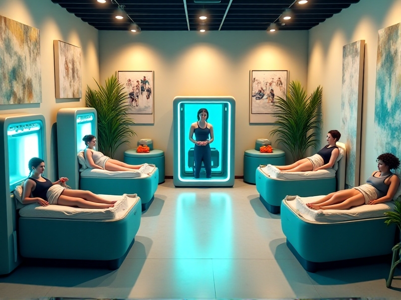 A diverse group of athletes engaging in various recovery services, including cryotherapy, massage therapy, and physiotherapy. The image captures the dynamic and inclusive nature of a sports recovery franchise, with modern equipment and a welcoming environment that promotes health and wellness.