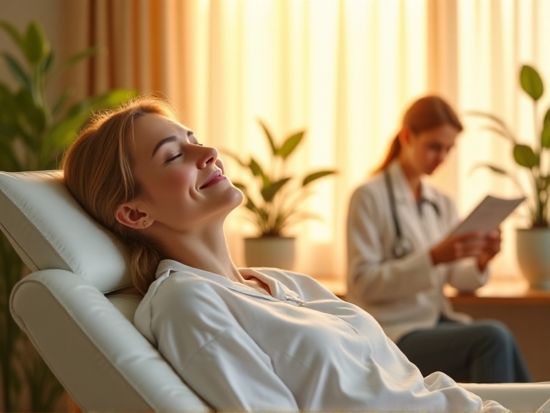 A serene image of a patient in a clinical setting, smiling and relaxed, with a doctor in the background reviewing medical charts. The soft lighting and warm colors convey a sense of hope and positive outcomes.