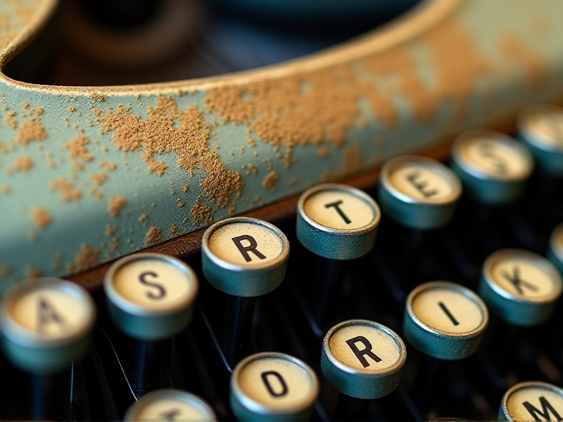 A detailed macro shot of the paint surface on an antique typewriter, revealing fine cracks and texture. The image captures the intricate layers of enamel paint, with a focus on the aging process and the unique color tones that have developed over decades.