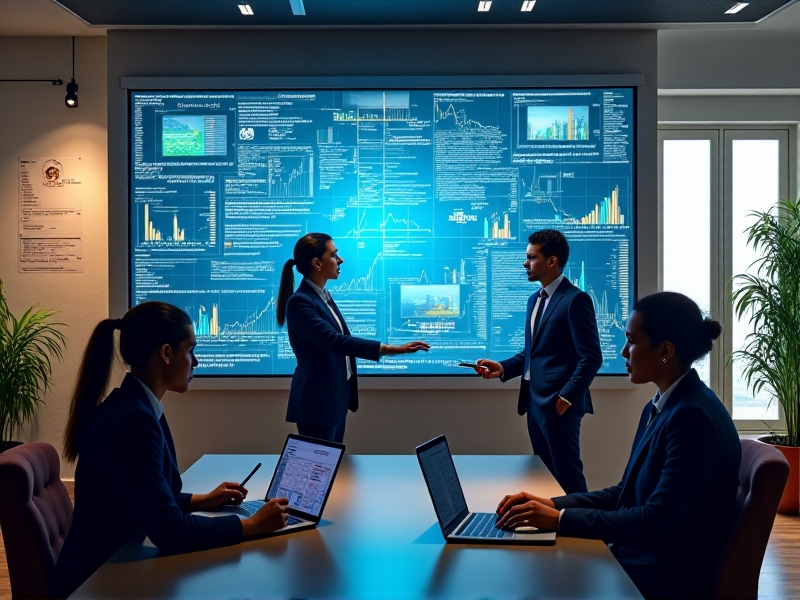 A team of professionals analyzing sales data on a large digital screen, with charts and graphs illustrating demand trends. The office environment is collaborative and focused, emphasizing the importance of data-driven decision-making in inventory management.
