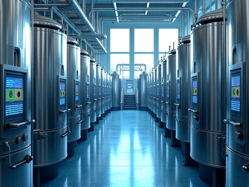 A high-capacity filtration system in a food and beverage production facility, featuring large stainless steel tanks, a network of pipes, and a control panel. The system is designed to handle high volumes of liquid while ensuring consistent filtration efficiency, with a focus on hygiene and quality.