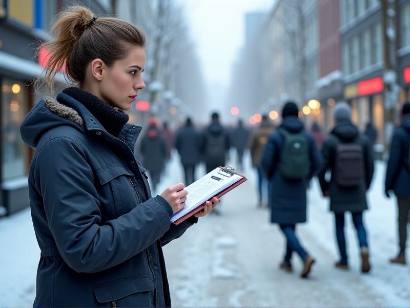 A facility manager conducting a salt usage audit in a high-traffic area. The manager is seen examining a salt spreader and recording data on a clipboard. The background shows a busy walkway with pedestrians walking cautiously on a snowy day. The image highlights the importance of assessing salt usage to improve efficiency.