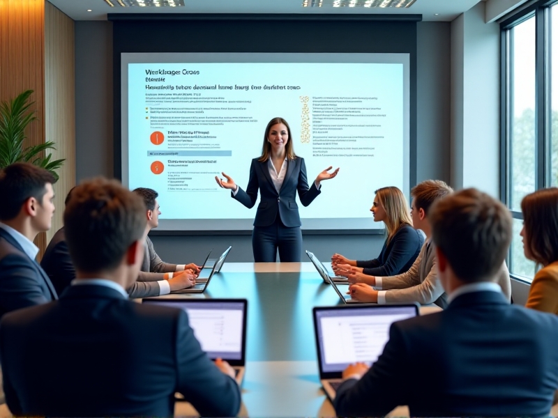 A professional HR manager presenting a mental health policy to a group of attentive employees in a conference room. The setting is a modern office with a large projector screen displaying graphs and statistics about workplace stress. The mood is focused and collaborative, with participants taking notes and nodding in agreement.