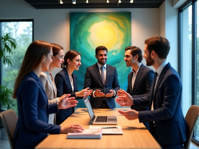 A diverse group of business professionals discussing franchise opportunities in a modern office setting, with a focus on collaboration and growth in the wellness industry.